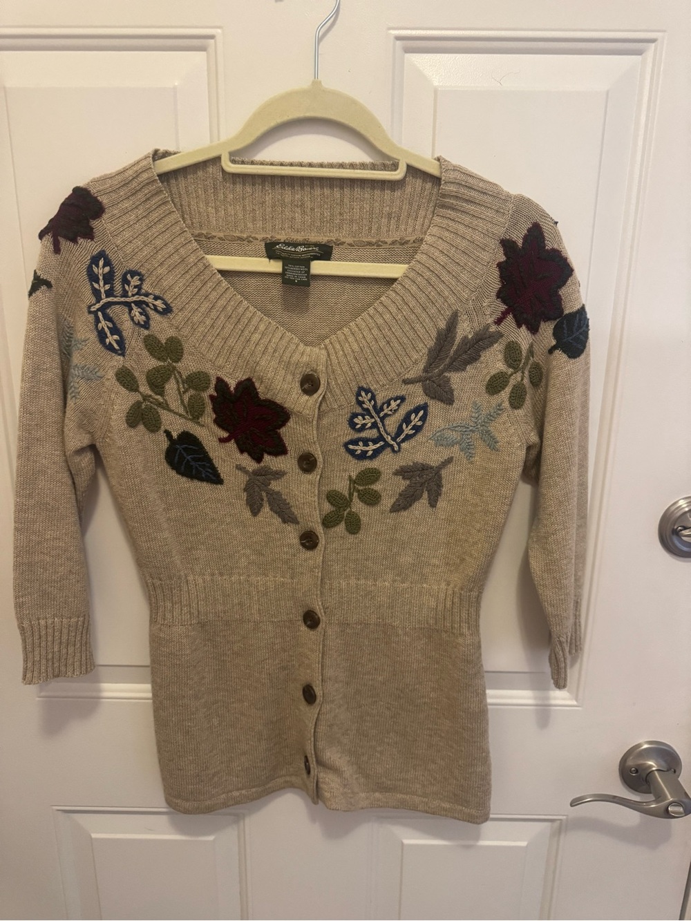 Eddie Bauer Beige V-Neck Embroidered Floral Button Cardigan